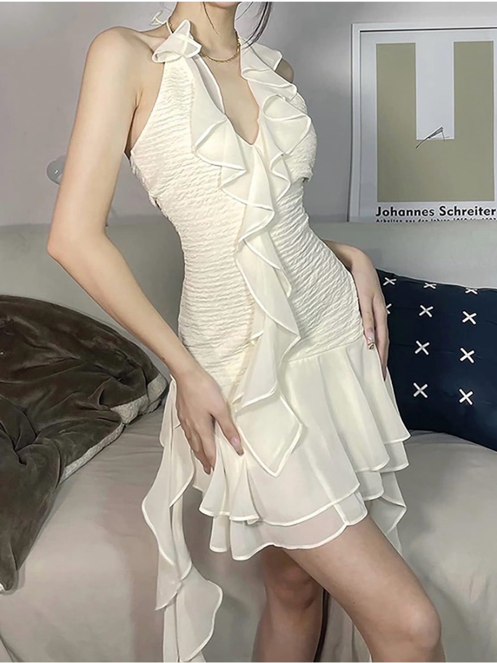 Ivory Ruffle Halter Dress - Picture 2 of 5